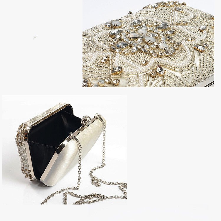 Hand Sewn Rhinestone Chain Evening Clutch by CJ | 0 from Luxe Lane | SKU: CJNS156141201AZ | Barcode:  | Options: Silver | Hand Sewn Rhinestone Chain Evening Clutch