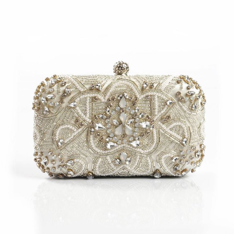 Hand Sewn Rhinestone Chain Evening Clutch by CJ | 0 from Luxe Lane | SKU: CJNS156141201AZ | Barcode:  | Options: Silver | Hand Sewn Rhinestone Chain Evening Clutch