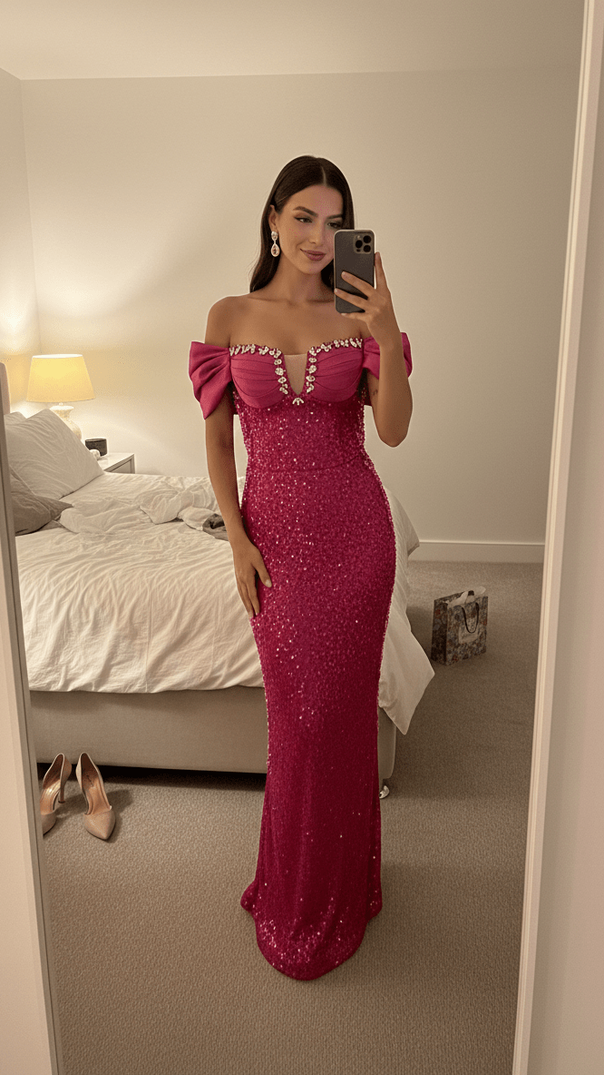 Handmade Off - Shoulder Sequin Mermaid Evening Gownmermaid gownHot PinkS(2)Luxe Lane