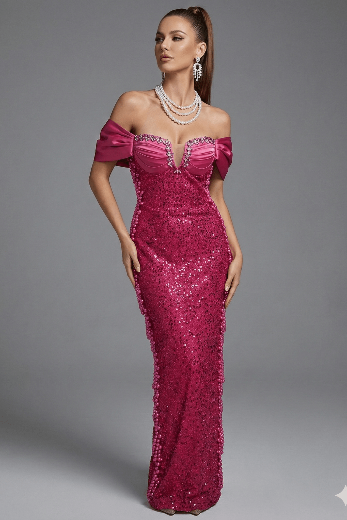 Handmade Off - Shoulder Sequin Mermaid Evening Gown by Shine | mermaid gown from Luxe Lane | SKU: -1 | Barcode:  | Options: Hot Pink S(2) | Woman wearing a pink sequin evening gown on a gray background