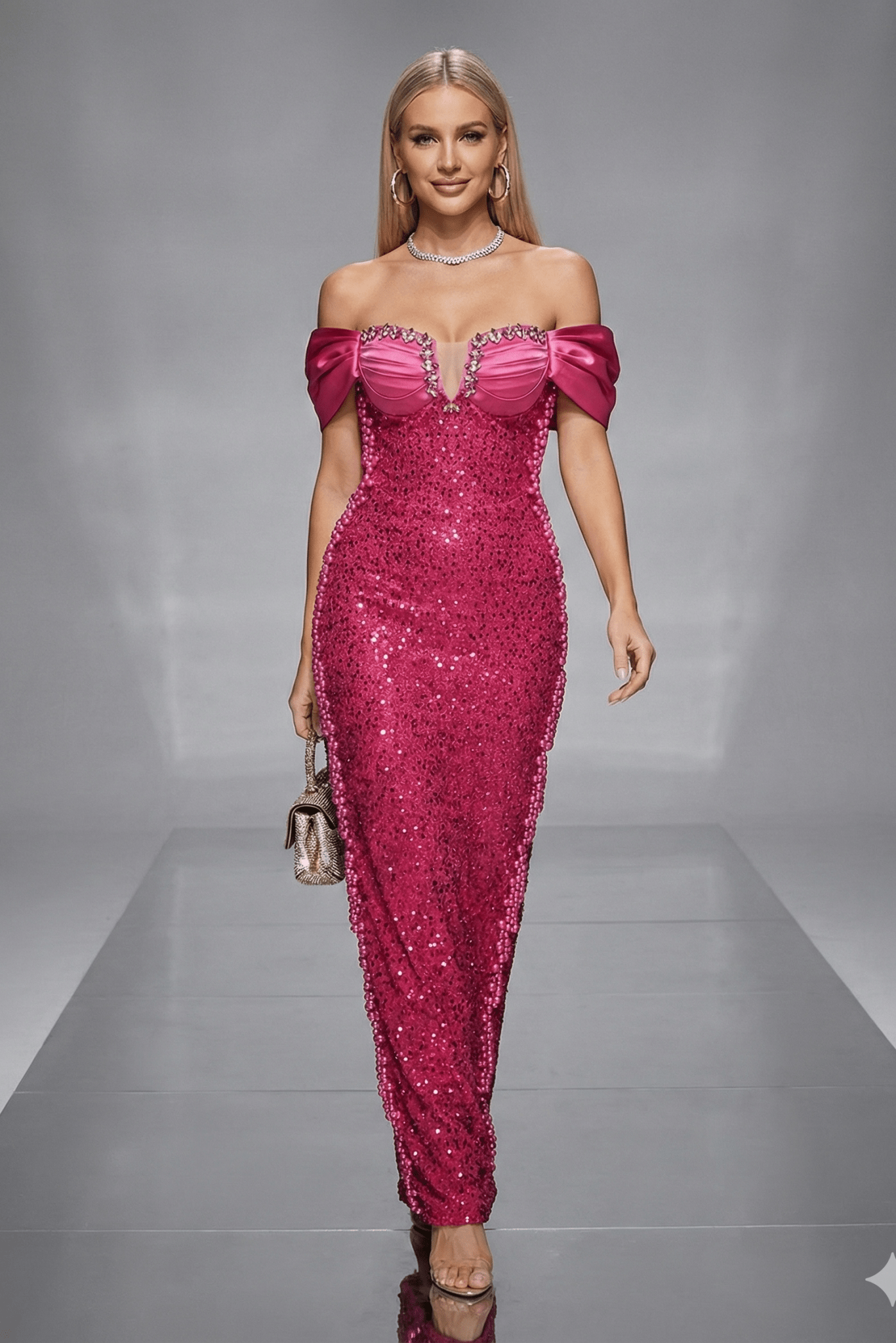 Handmade Off - Shoulder Sequin Mermaid Evening Gown by Shine | mermaid gown from Luxe Lane | SKU: -1 | Barcode:  | Options: Hot Pink S(2) | Woman in a pink sequin dress on a gray runway