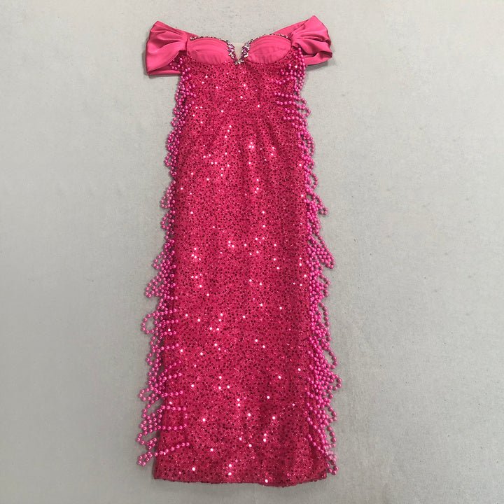 Handmade Off - Shoulder Sequin Mermaid Evening Gown by Shine | mermaid gown from Luxe Lane | SKU: -1 | Barcode:  | Options: Hot Pink S(2) | Elegant Women Sparkly Handmade Formal Prom Evening Dress Party Wear Luxury Hot Pink Off Shoulder Sequin Rhinestone Mermaid Gown