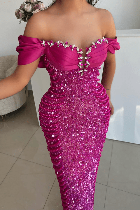 Handmade Off - Shoulder Sequin Mermaid Evening Gown by Shine | mermaid gown from Luxe Lane | SKU: -1 | Barcode:  | Options: Hot Pink S(2) | Elegant Women Sparkly Handmade Formal Prom Evening Dress Party Wear Luxury Hot Pink Off Shoulder Sequin Rhinestone Mermaid Gown