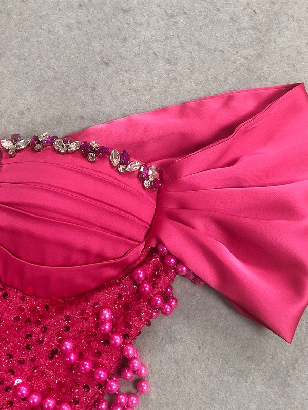 Handmade Off - Shoulder Sequin Mermaid Evening Gown by Shine | mermaid gown from Luxe Lane | SKU: -1 | Barcode:  | Options: Hot Pink S(2) | Handmade Off - Shoulder Sequin Mermaid Evening Gown