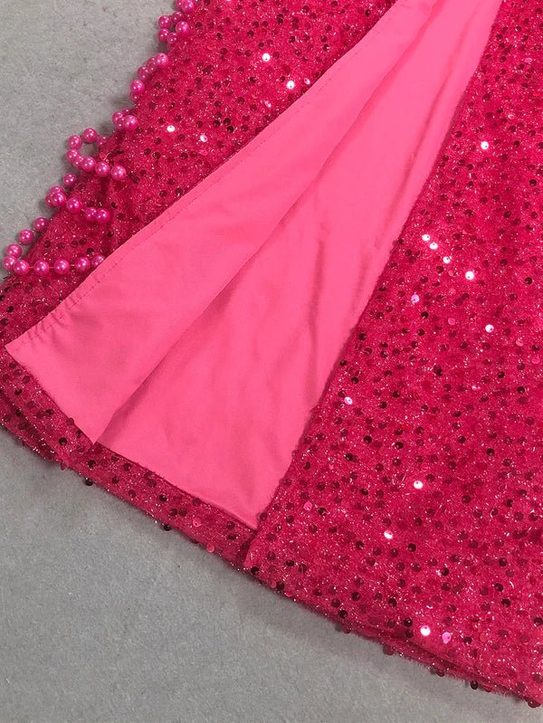 Handmade Off - Shoulder Sequin Mermaid Evening Gown by Shine | mermaid gown from Luxe Lane | SKU: -1 | Barcode:  | Options: Hot Pink S(2) | Handmade Off - Shoulder Sequin Mermaid Evening Gown