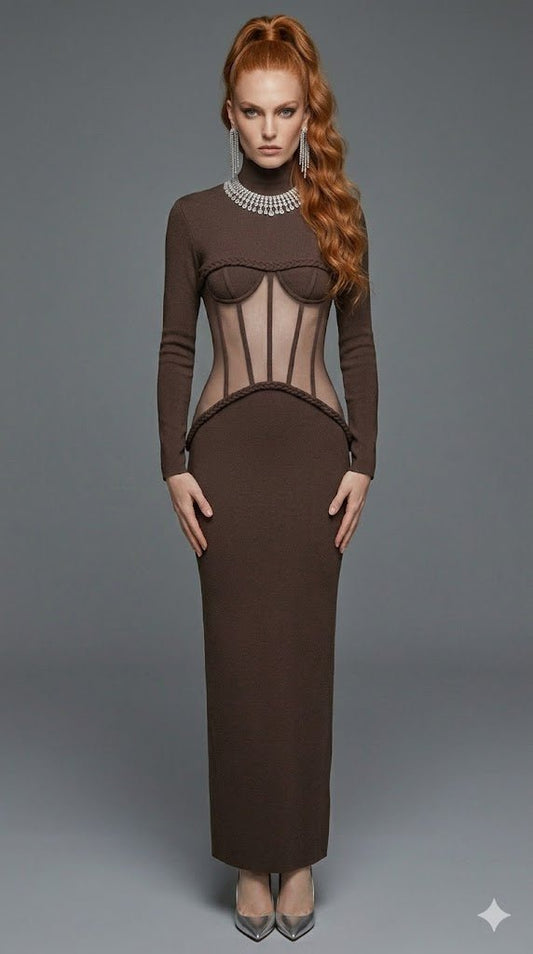 High Neck Bodycon Maxi Evening DressCoffeeS(2)Luxe Lane