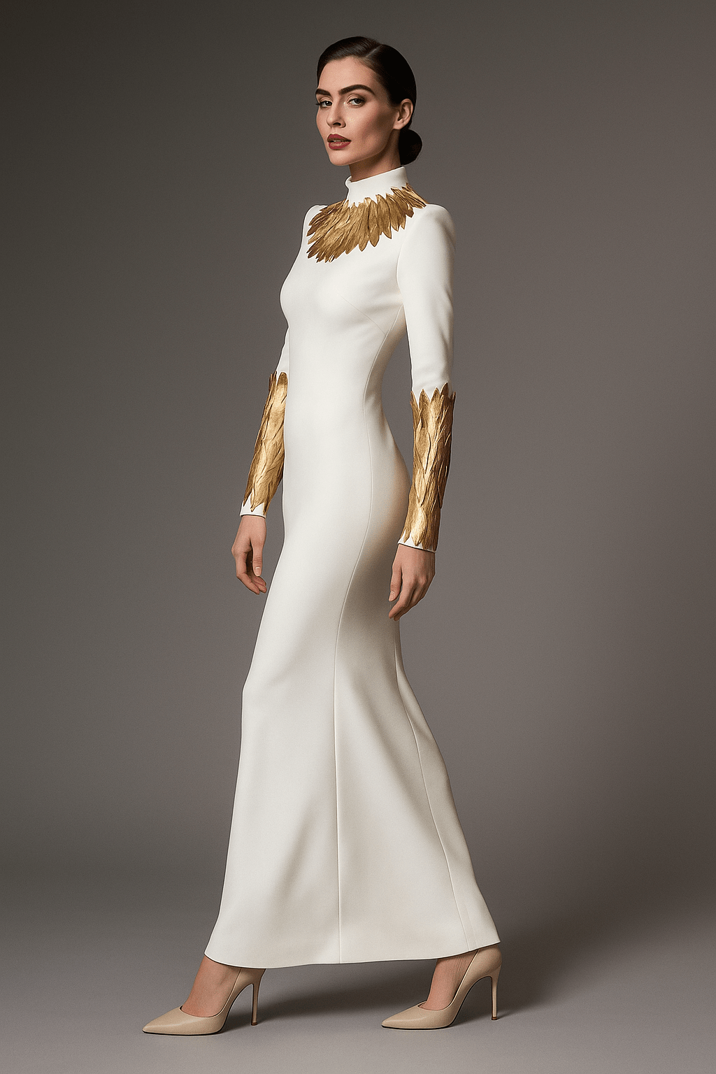 High Neck Long Sleeve Formal Dress by Luxe Lane | heath gown from Luxe Lane | SKU:  | Barcode:  | Options: White S | High Neck Long Sleeve Formal Dress