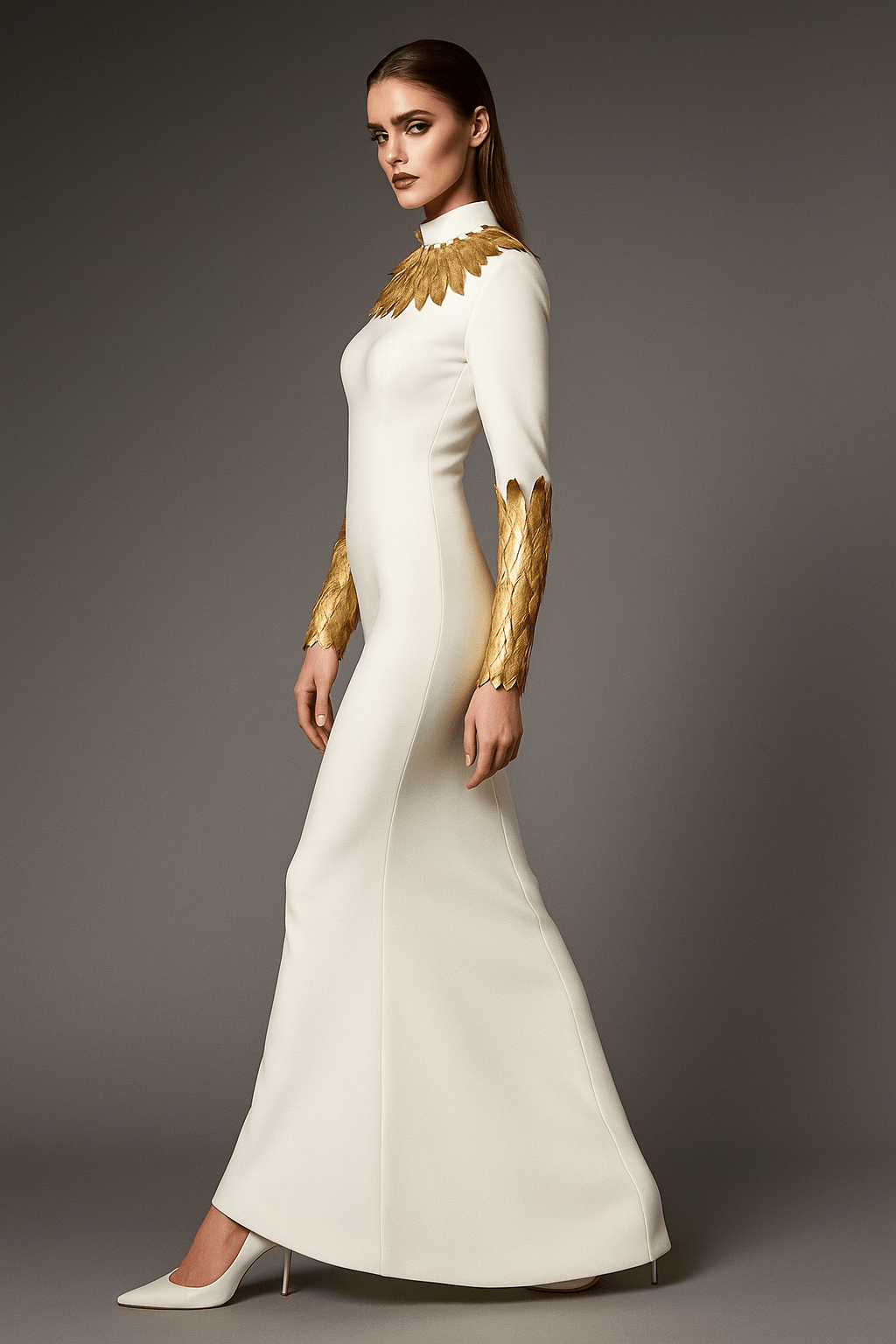 High Neck Long Sleeve Formal Dress by Luxe Lane | heath gown from Luxe Lane | SKU:  | Barcode:  | Options: White S | High Neck Long Sleeve Formal Dress