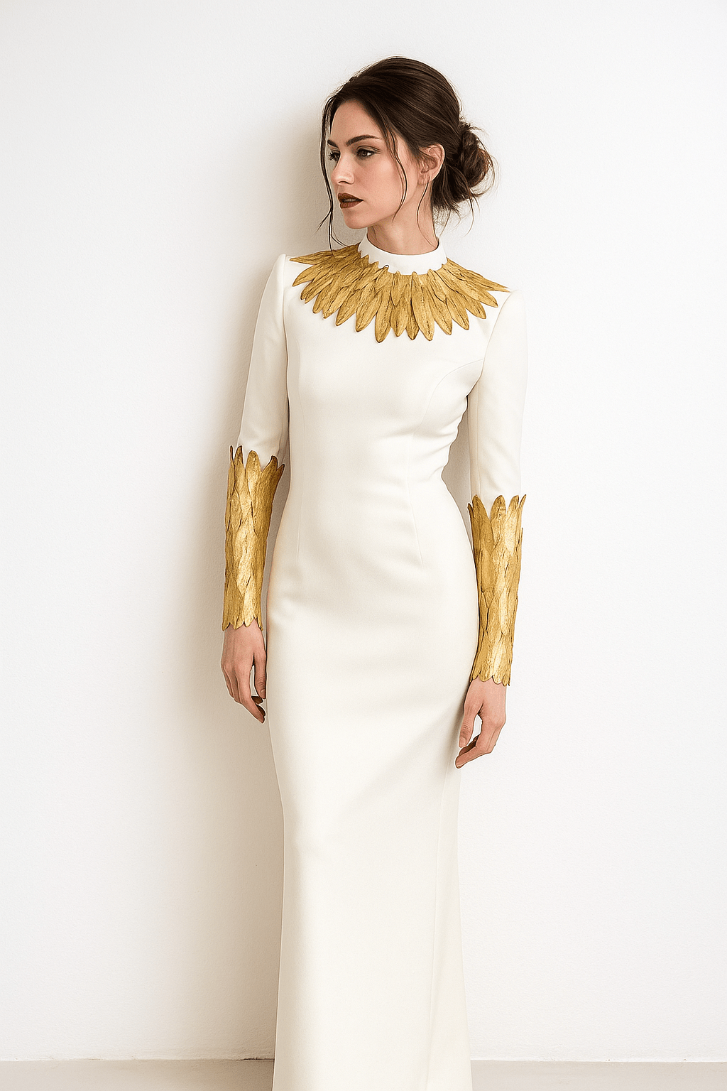 High Neck Long Sleeve Formal Dress by Luxe Lane | heath gown from Luxe Lane | SKU:  | Barcode:  | Options: White S | High Neck Long Sleeve Formal Dress