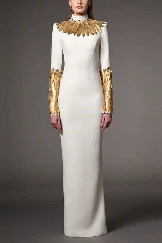 High Neck Long Sleeve Formal Dress by Luxe Lane | heath gown from Luxe Lane | SKU:  | Barcode:  | Options: White S | White evening gown with gold detailing on a gray background