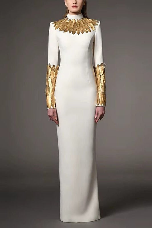 High Neck Long Sleeve Formal Dress by Luxe Lane | heath gown from Luxe Lane | SKU:  | Barcode:  | Options: White S | White evening gown with gold detailing on a gray background