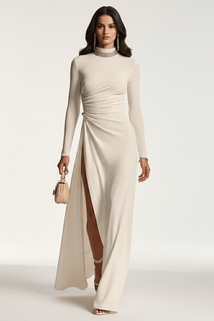 High Neck Long Sleeve Split Maxi Dress by Luxe Lane | from Luxe Lane | SKU: -1 | Barcode:  | Options: White XS(4) | Woman wearing a long beige dress with a slit on a white background