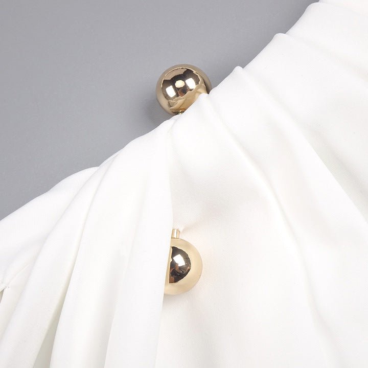 High Neck Long Sleeve Split Maxi Dress by Luxe Lane | from Luxe Lane | SKU: -1 | Barcode:  | Options: White XS(4) | Elegant White High Neck Long Sleeve Evening Dresses Women Sexy Split Maxi Gown Formal Party Dress Draped Wedding Guest Outfit