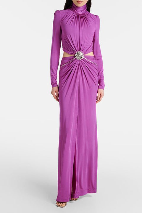 High - Neck Ruched Cutout Long Sleeve Maxi Evening Dress by Shine | Party dresses from Luxe Lane | SKU: W11228-6 | Barcode:  | Options: yellow S(6) | Oem Private Label Women Dress Manufacturer Custom High Neck Long Sleeve Cutout Maxi Dress Elegant Ruched Evening Formal Gown