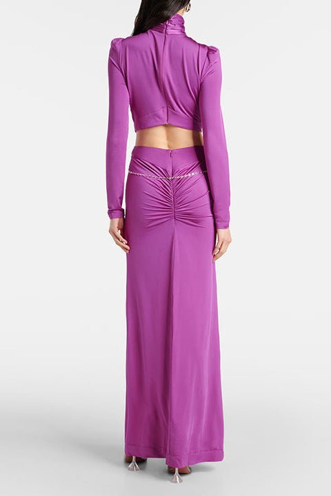 High - Neck Ruched Cutout Long Sleeve Maxi Evening Dress by Shine | Party dresses from Luxe Lane | SKU: W11228-6 | Barcode:  | Options: yellow S(6) | Oem Private Label Women Dress Manufacturer Custom High Neck Long Sleeve Cutout Maxi Dress Elegant Ruched Evening Formal Gown