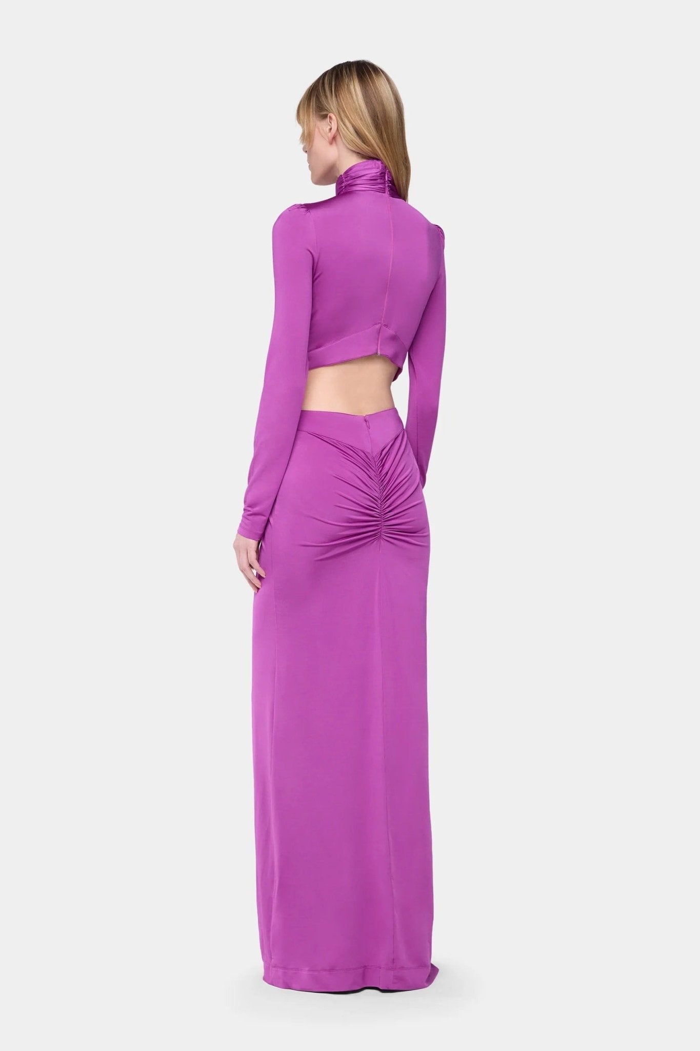 High - Neck Ruched Cutout Long Sleeve Maxi Evening Dress by Shine | Party dresses from Luxe Lane | SKU: W11228-6 | Barcode:  | Options: yellow S(6) | Woman wearing a long purple dress with a high neckline on a white background
