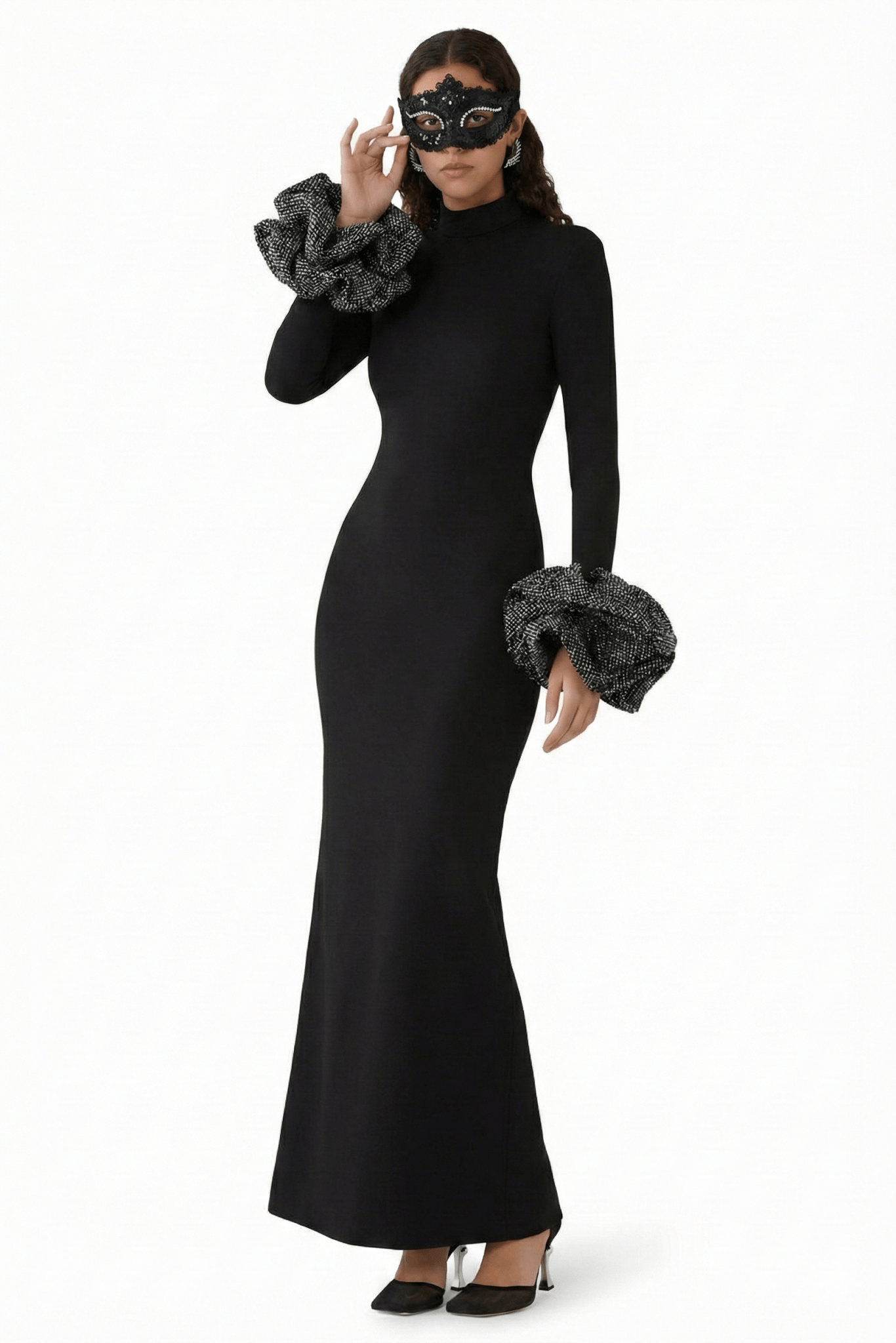 High Neck Ruffled Cuff Sequin Mermaid Evening Gown by Shine | Party dresses from Luxe Lane | SKU: W11248-1 | Barcode:  | Options: Ivory S(2) | Woman wearing a black dress with fur cuffs and a black mask on a white background