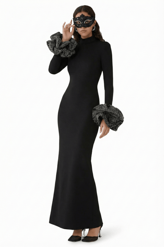 High Neck Ruffled Cuff Sequin Mermaid Evening Gown by Shine | Party dresses from Luxe Lane | SKU: W11248-1 | Barcode:  | Options: Ivory S(2) | Woman wearing a black dress with fur cuffs and a black mask on a white background
