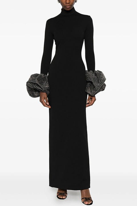 High Neck Ruffled Cuff Sequin Mermaid Evening Gown by Shine | Party dresses from Luxe Lane | SKU: W11248-1 | Barcode:  | Options: Ivory S(2) | Elegant Ivory High Neck Ruffled Sequined Cuffs Long Sleeve Bodycon Gown for Formal Evening Events Weddings Galas