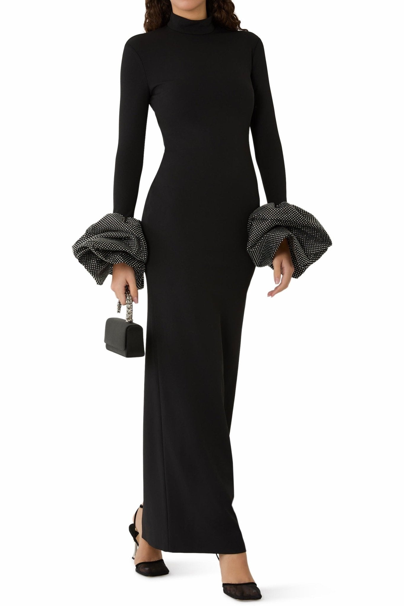 High Neck Ruffled Cuff Sequin Mermaid Evening Gown by Shine | Party dresses from Luxe Lane | SKU: W11248-1 | Barcode:  | Options: Ivory S(2) | High Neck Ruffled Cuff Sequin Mermaid Evening Gown