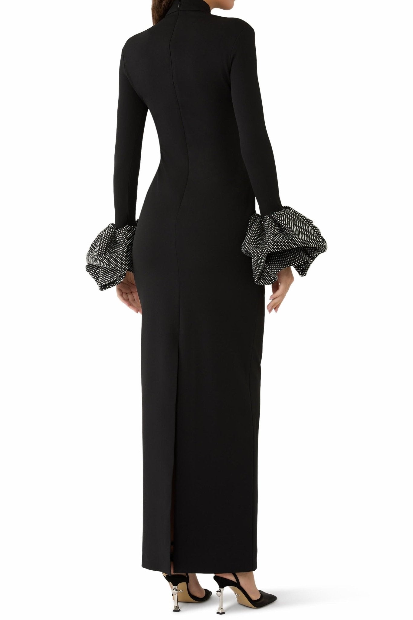 High Neck Ruffled Cuff Sequin Mermaid Evening Gown by Shine | Party dresses from Luxe Lane | SKU: W11248-1 | Barcode:  | Options: Ivory S(2) | High Neck Ruffled Cuff Sequin Mermaid Evening Gown