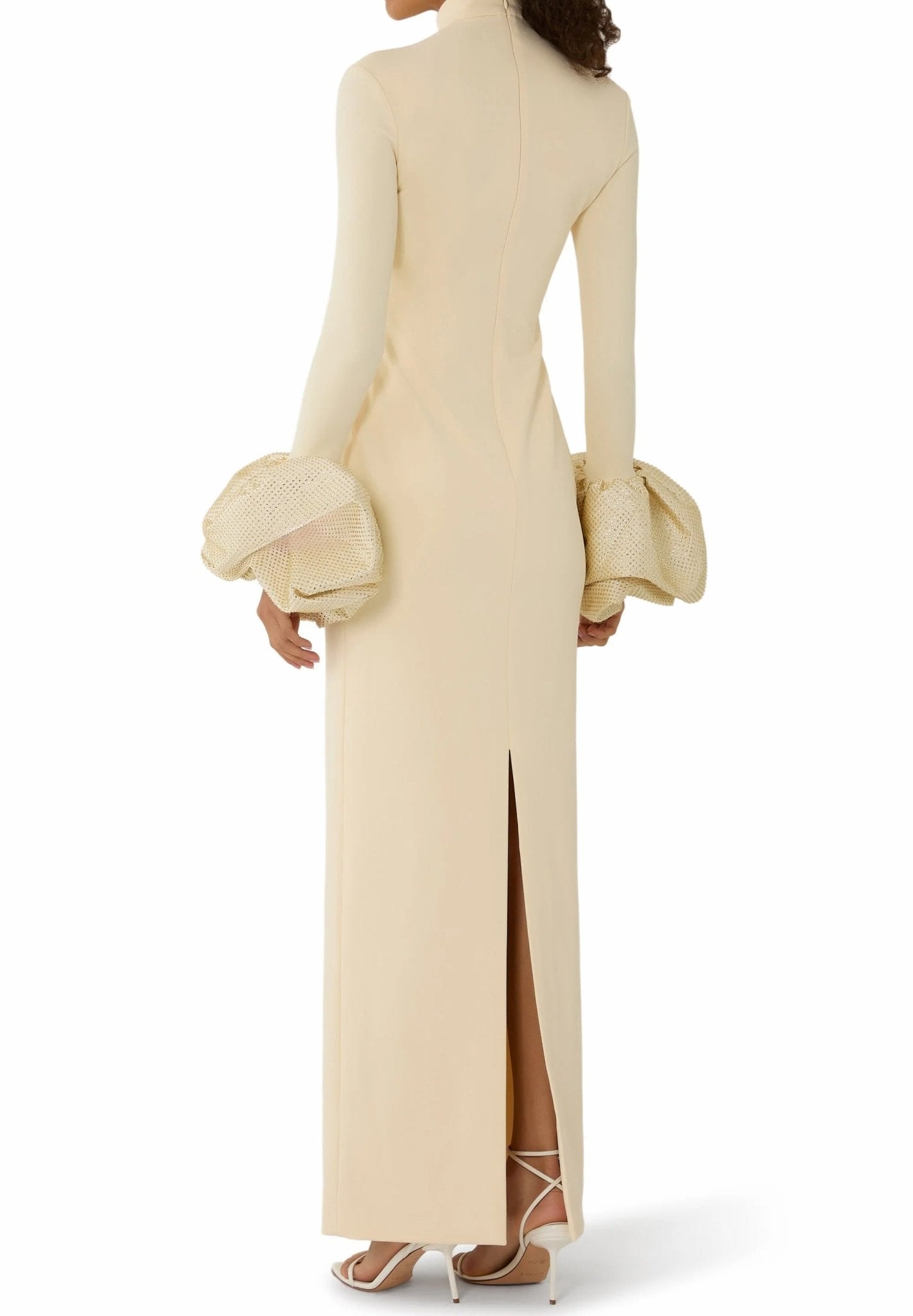 High Neck Ruffled Cuff Sequin Mermaid Evening Gown by Shine | Party dresses from Luxe Lane | SKU: W11248-1 | Barcode:  | Options: Ivory S(2) | High Neck Ruffled Cuff Sequin Mermaid Evening Gown