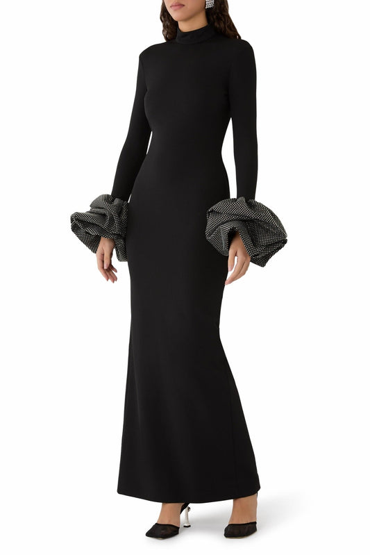 High Neck Ruffled Cuff Sequin Mermaid Evening Gown by Shine | Party dresses from Luxe Lane | SKU: W11248-1 | Barcode:  | Options: Ivory S(2) | Black long - sleeve dress with textured cuffs worn by a model on a white background