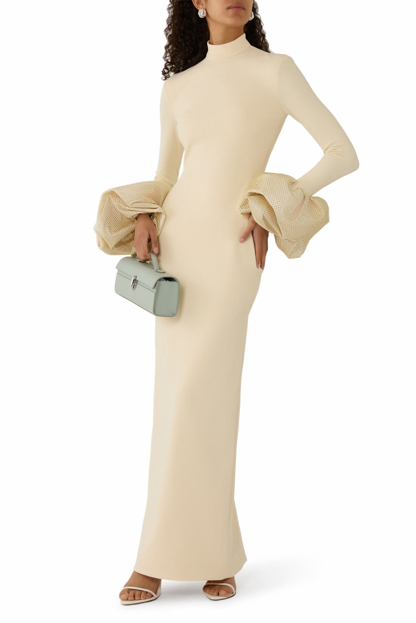 High Neck Ruffled Cuff Sequin Mermaid Evening Gown by Shine | Party dresses from Luxe Lane | SKU: W11248-1 | Barcode:  | Options: Ivory S(2) | High Neck Ruffled Cuff Sequin Mermaid Evening Gown