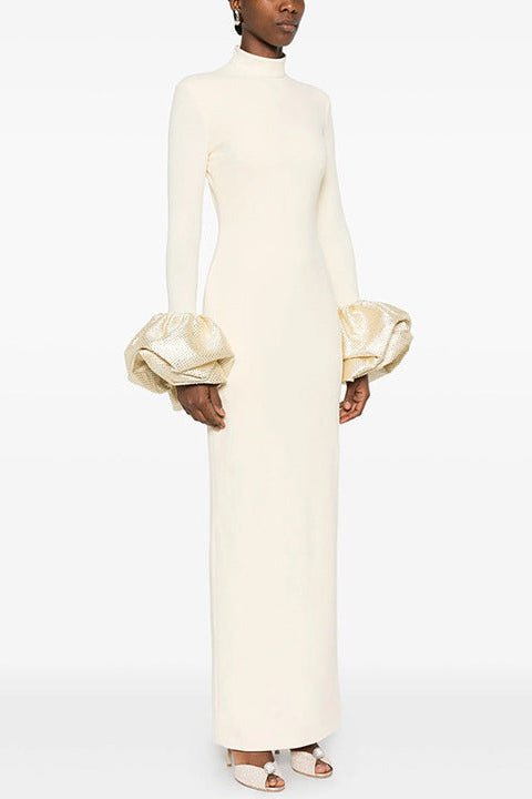 High Neck Ruffled Cuff Sequin Mermaid Evening Gown by Shine | Party dresses from Luxe Lane | SKU: W11248-8 | Barcode:  | Options: Black S(2) | Elegant Ivory High Neck Ruffled Sequined Cuffs Long Sleeve Bodycon Gown for Formal Evening Events Weddings Galas