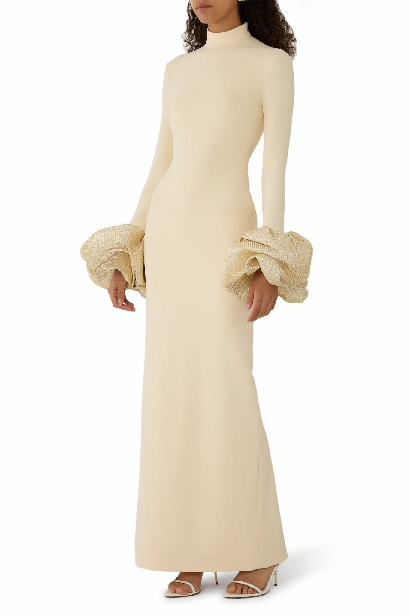 High Neck Ruffled Cuff Sequin Mermaid Evening Gown by Shine | Party dresses from Luxe Lane | SKU: W11248-8 | Barcode:  | Options: Black S(2) | High Neck Ruffled Cuff Sequin Mermaid Evening Gown