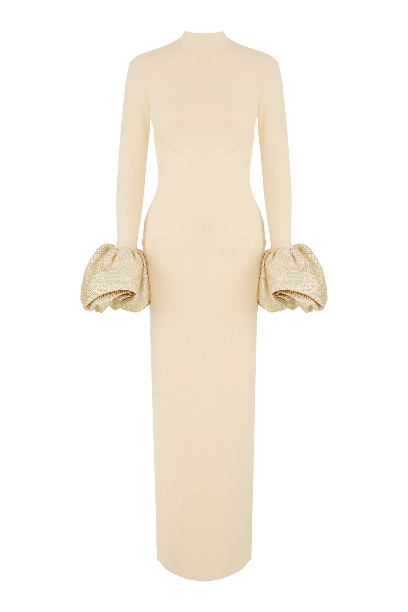 High Neck Ruffled Cuff Sequin Mermaid Evening Gown by Shine | Party dresses from Luxe Lane | SKU: W11248-8 | Barcode:  | Options: Black S(2) | Beige dress with ruffled sleeves on a white background