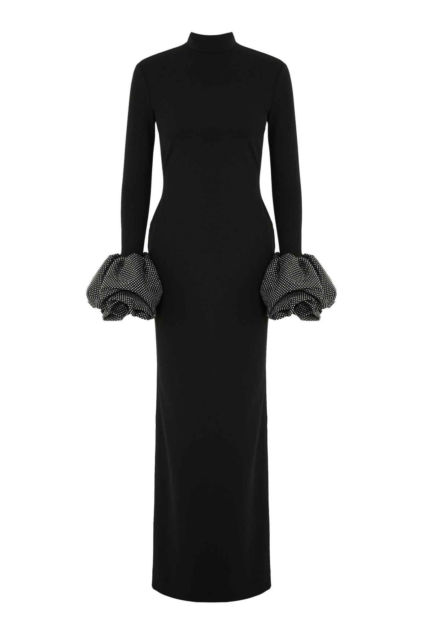 High Neck Ruffled Cuff Sequin Mermaid Evening Gown by Shine | Party dresses from Luxe Lane | SKU: W11248-8 | Barcode:  | Options: Black S(2) | High Neck Ruffled Cuff Sequin Mermaid Evening Gown