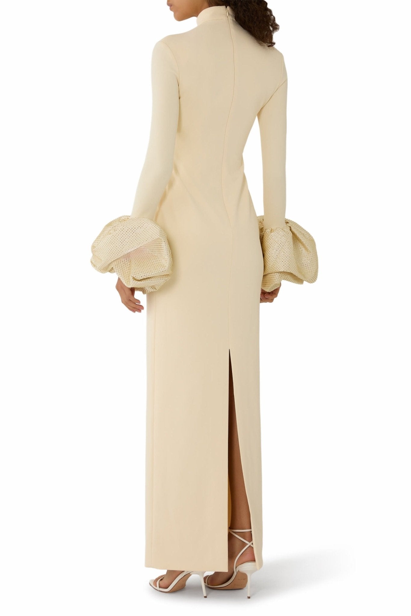 High Neck Ruffled Cuff Sequin Mermaid Evening Gown by Shine | Party dresses from Luxe Lane | SKU: W11248-8 | Barcode:  | Options: Black S(2) | High Neck Ruffled Cuff Sequin Mermaid Evening Gown