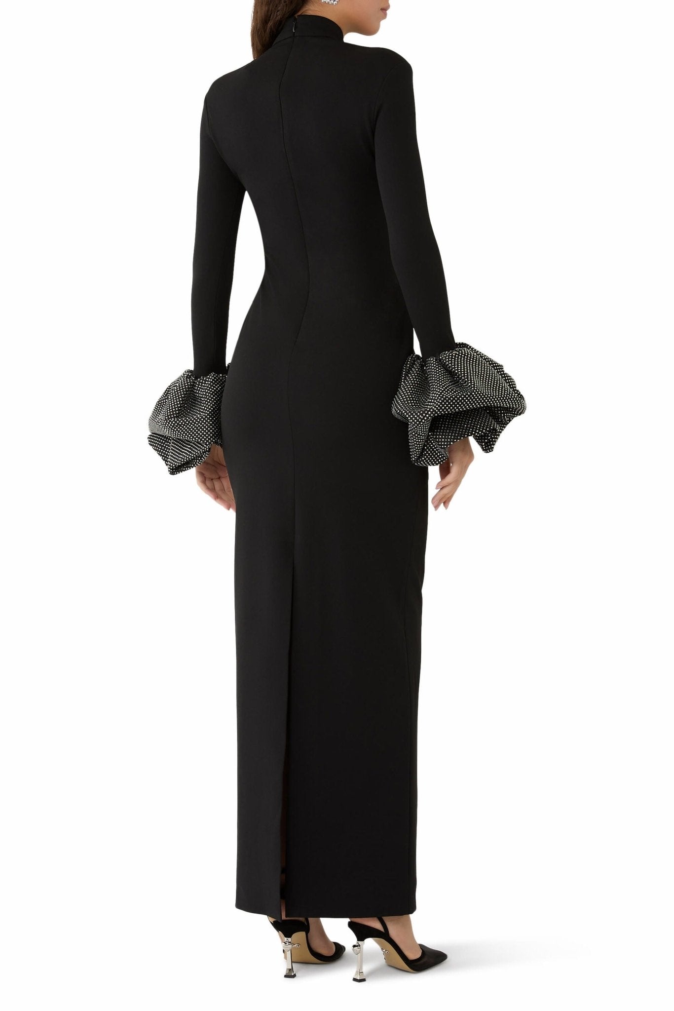 High Neck Ruffled Cuff Sequin Mermaid Evening Gown by Shine | Party dresses from Luxe Lane | SKU: W11248-8 | Barcode:  | Options: Black S(2) | High Neck Ruffled Cuff Sequin Mermaid Evening Gown