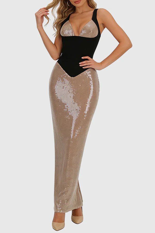 Illusion Mesh Sequin Bodycon Maxi Evening Dress+heath gownApricotS(6)Luxe Lane