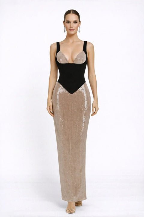 Illusion Mesh Sequin Bodycon Maxi Evening Dress+heath gownApricotS(6)Luxe Lane
