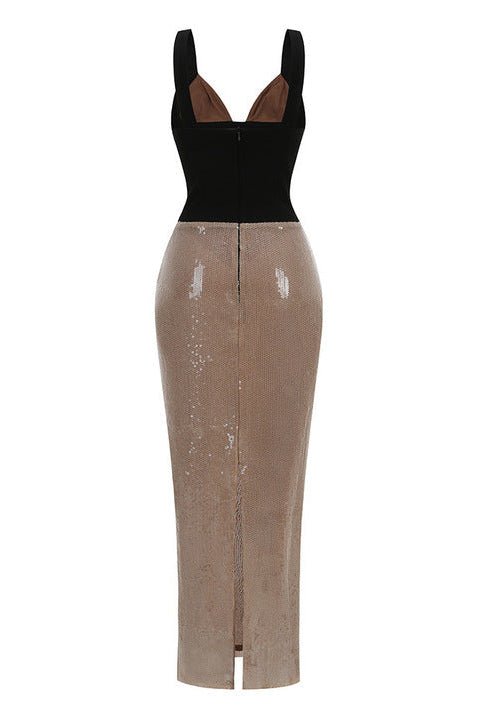 Illusion Mesh Sequin Bodycon Maxi Evening Dress+heath gownApricotS(6)Luxe Lane