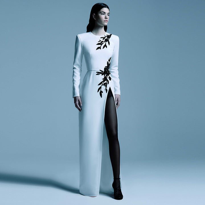 Isabelle White Beaded Embroidery Gown by O'DRRESSY | Dresses from Luxe Lane | SKU:  | Barcode:  | Options: White S | Luxury Women White Long Sleeve Maxi Dress Black Beaded Sequins Floral Embroidery Side Slit Evening Dresses Party Gown