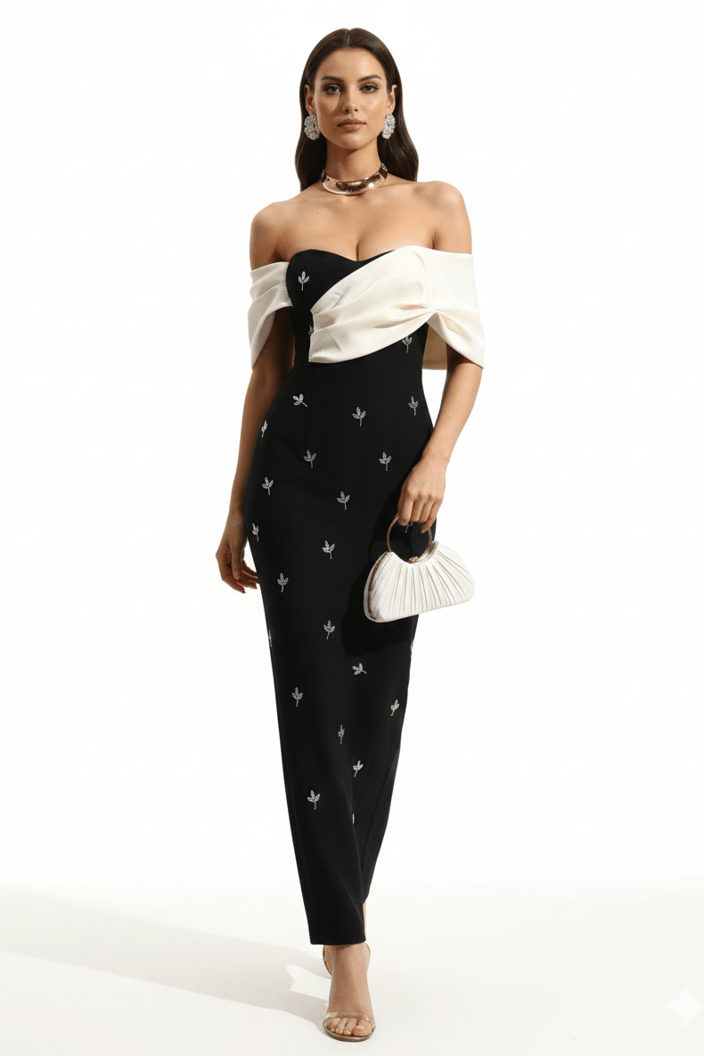 Isadora Off - Shoulder Beaded Bodycon Maxi Dress by luxe lane | from Luxe Lane | SKU: -1 | Barcode:  | Options: Black S(2) | Woman wearing a black and white off - shoulder dress with star patterns on a white background