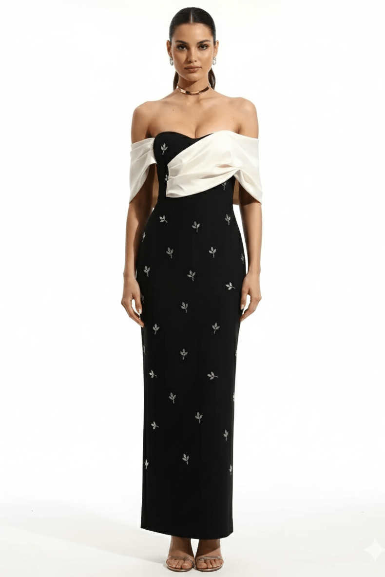 Isadora Off - Shoulder Beaded Bodycon Maxi Dress by luxe lane | from Luxe Lane | SKU: -1 | Barcode:  | Options: Black S(2) | Woman wearing a black and white off - shoulder dress with butterfly patterns on a white background