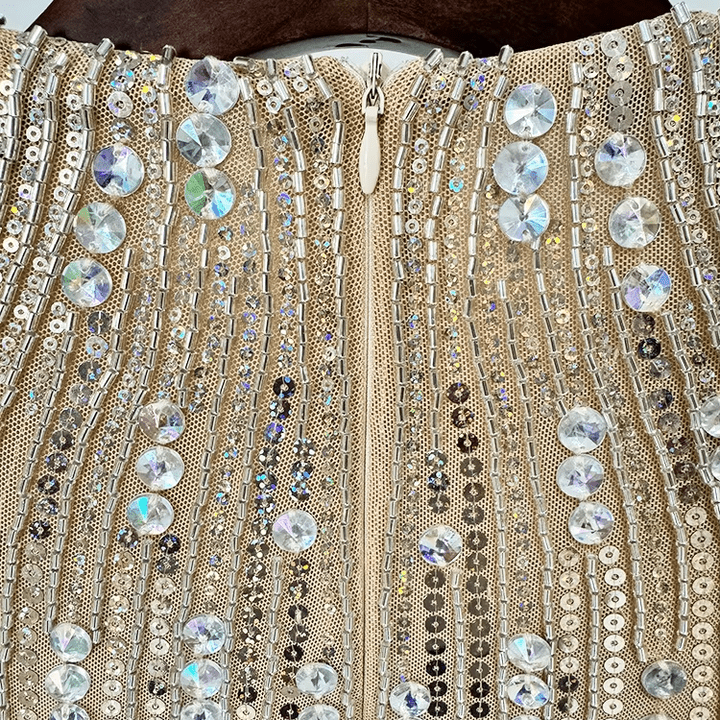 Isolde Beaded Sequin Midi Dress by Shine | heath gown from Luxe Lane | SKU: W11499-1 | Barcode:  | Options: Apricot S | Luxury Women Apricot Beaded Sequin Midi Evening Dress Vestidos De Fiesta Long Sleeves O Neck Elegant Formal Party Dresses