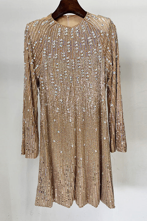 Isolde Beaded Sequin Midi Dress by Shine | heath gown from Luxe Lane | SKU: W11499-1 | Barcode:  | Options: Apricot S | Luxury Women Apricot Beaded Sequin Midi Evening Dress Vestidos De Fiesta Long Sleeves O Neck Elegant Formal Party Dresses