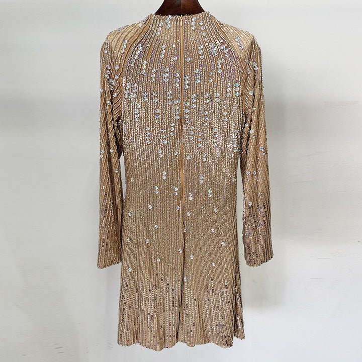 Isolde Beaded Sequin Midi Dress by Shine | heath gown from Luxe Lane | SKU: W11499-1 | Barcode:  | Options: Apricot S | Luxury Women Apricot Beaded Sequin Midi Evening Dress Vestidos De Fiesta Long Sleeves O Neck Elegant Formal Party Dresses