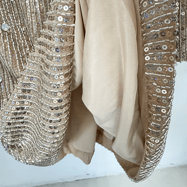 Isolde Beaded Sequin Midi Dress by Shine | heath gown from Luxe Lane | SKU: W11499-1 | Barcode:  | Options: Apricot S | Luxury Women Apricot Beaded Sequin Midi Evening Dress Vestidos De Fiesta Long Sleeves O Neck Elegant Formal Party Dresses