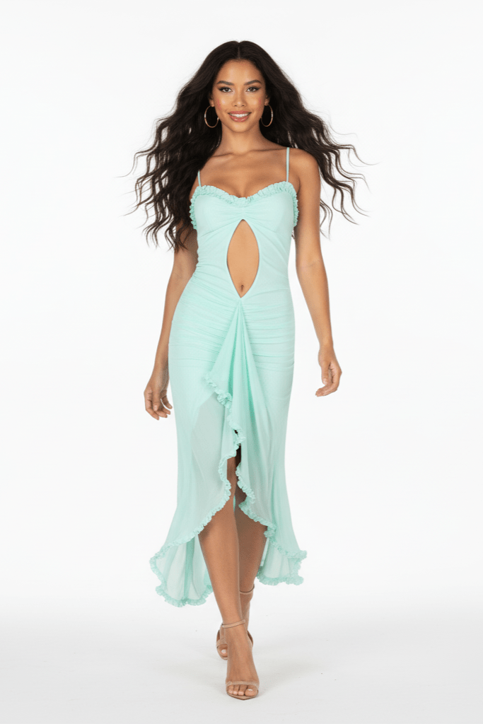 Isolde Cut - Out Ruffle Mermaid Gown by Luxe Lane | from Luxe Lane | SKU:  | Barcode:  | Options: Green XS | Isolde Cut - Out Ruffle Mermaid Gown