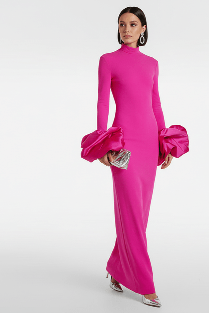 Isolde High Neck Floral Cuff Maxi Gown by Shine | a - line gown from Luxe Lane | SKU:  | Barcode:  | Options: pink S | Isolde High Neck Floral Cuff Maxi Gown