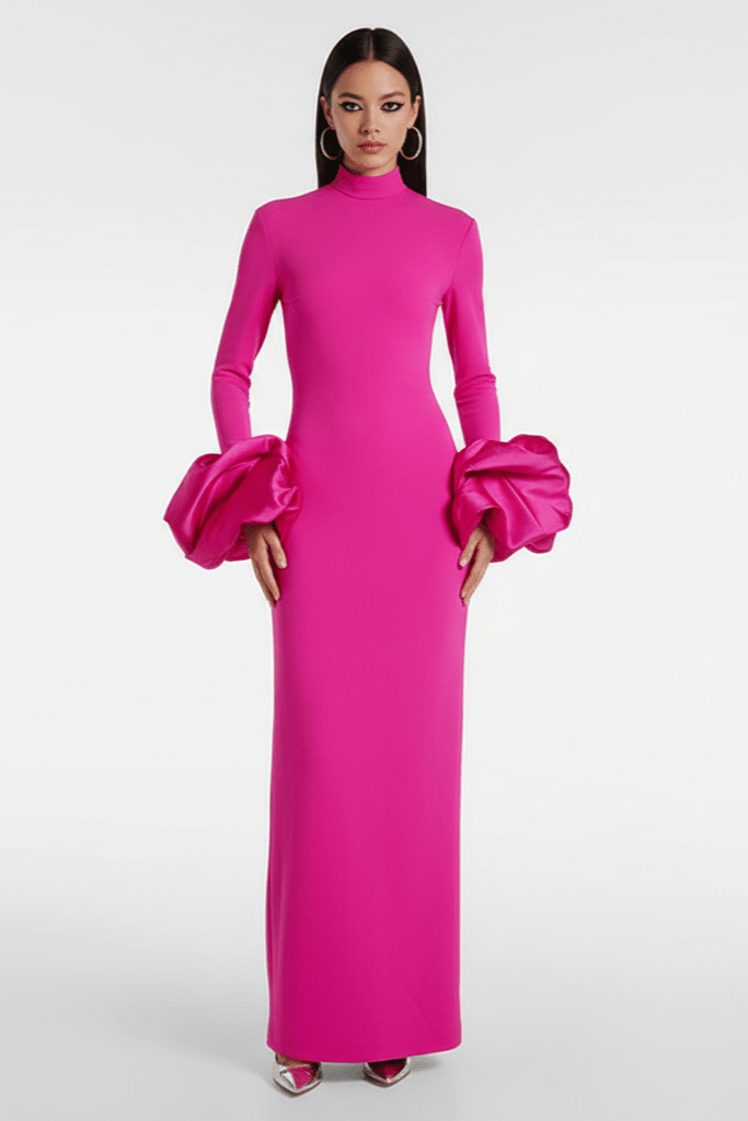 Isolde High Neck Floral Cuff Maxi Gown by Shine | a - line gown from Luxe Lane | SKU:  | Barcode:  | Options: pink S | Model wearing a bright pink gown with large sleeves on a white background
