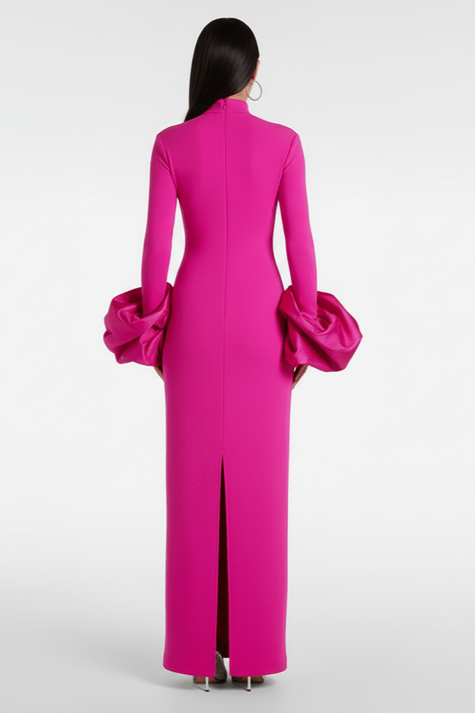 Isolde High Neck Floral Cuff Maxi Gown by Shine | a - line gown from Luxe Lane | SKU:  | Barcode:  | Options: pink S | Isolde High Neck Floral Cuff Maxi Gown