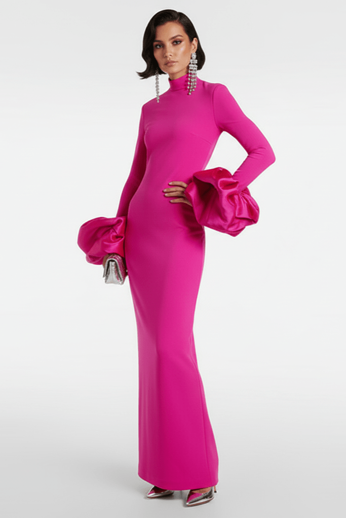 Isolde High Neck Floral Cuff Maxi Gown by Shine | a - line gown from Luxe Lane | SKU:  | Barcode:  | Options: pink S | Isolde High Neck Floral Cuff Maxi Gown