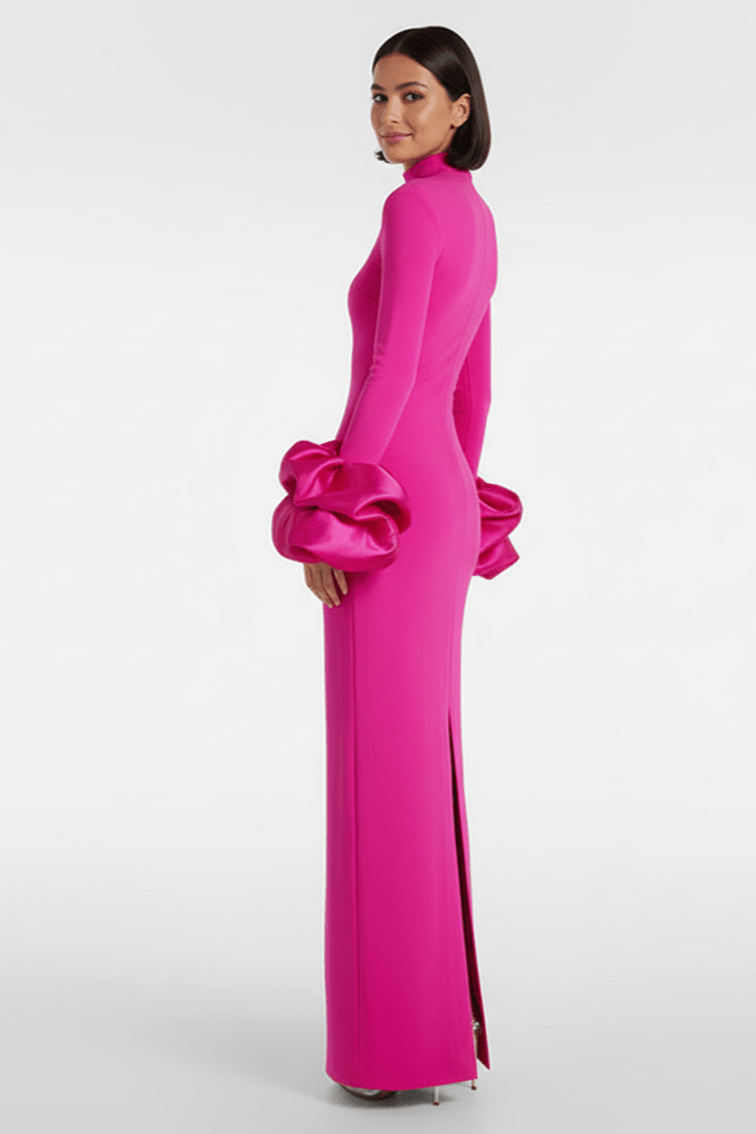 Isolde High Neck Floral Cuff Maxi Gown by Shine | a - line gown from Luxe Lane | SKU:  | Barcode:  | Options: pink S | Isolde High Neck Floral Cuff Maxi Gown